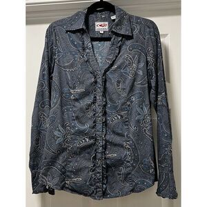 Roper long sleeve Fitted button up western Ruffles shirt w/ pearl snaps‎ Medium